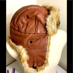 Leather rabbit fur mad bomber hat